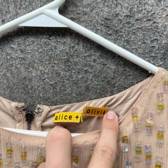 Alice + Olivia Dress Women 2 Nude Yellow Sequin Beaded Sleeveless Shift Cocktail - Picture 7 of 11